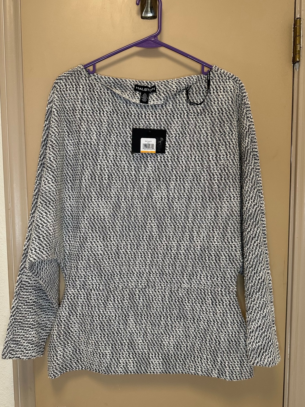 Halston Black and White Tweed-Textured Crewneck Top